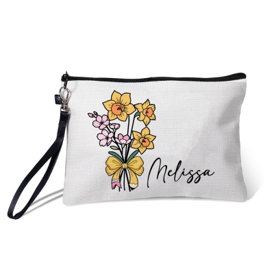 Custom Name Birth Flower Pencil Bow Design Cosmetic Bag, Linen Zippered Makeup Pouch with Wrist Strap, Appreciation/Back to School Gift for Teachers