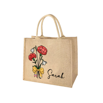 Personalized Name Birth Flower Pencil Bow Design Burlap Tote Bag, Large Capacity Teacher's Jute Bag, Appreciation/Back to School Gift for Teachers