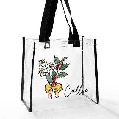 Personalized Name Birth Flower Pencil Bow Design Clear Tote Bag, PVC Waterproof Large Capacity Handbag, Teacher's Day/Back to School Gift for Teachers