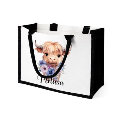 Personalized Name Birth Flower Highland Cow Tote Bag, Large Capacity Canvas Bag, Birthday/Christmas/Mother's Day Gift for Her/Mom/Highland Cow Lovers