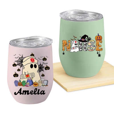 Custom Name Ghost Nurse Design Eggshell Cup, 12oz Double-Wall Stainless Steel Tumbler with Spill-Proof Lid, Halloween Gift for Nurses/Medical Workers