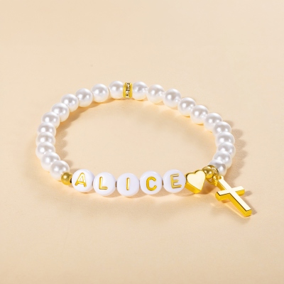 Custom Name Beaded Gold Cross Bracelet, Fresh Water Pearl Bracelet with Initials, Holy Communion/Baptism/Wedding Gift for Women/Girls/Bridesmaids