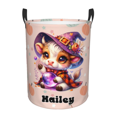 Personalized Name Halloween Highland Cow Design Laundry Basket, Waterproof Oxford Cloth Storage Basket with Handle, Halloween Gift for Boys/Girls/Kids