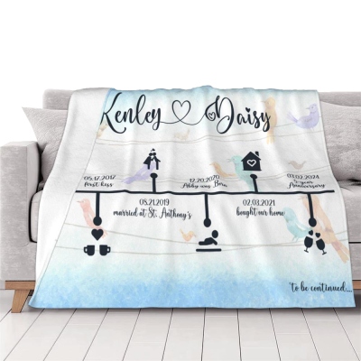 Noms personnalisés Dates Love Story Timeline Couverture en flanelle, jet doux et confortable pour canapé-lit, cadeau de Saint-Valentin/anniversaire pour lui/elle/couple