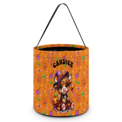 Personalized Name Halloween Highland Cow Pumpkin Candy Bag, Reusable Trick & Treat Bucket with Handle, Party Favor, Halloween Gift for Boys/Girls/Kids