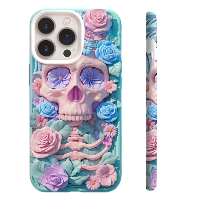 3D Purple Floral Skull Design Phone Case, for iPhone, Google Pixel, Samsung Galaxy