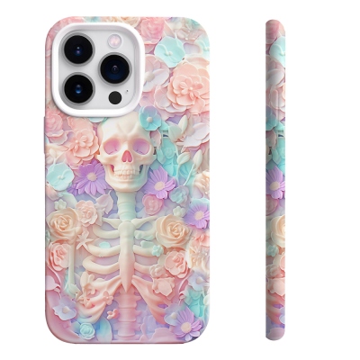 Skeleton and Pink Blooms Phone Case, Dreamy Floral Design,iPhone, Pixel, Samsung