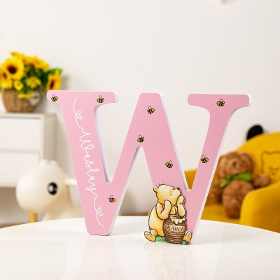 Custom Initial & Name Bear Eating Honey Design Sign, Handmade Letter Shape Bear Sign, Room Decor, Baby Shower/Birthday Gift for Newborns/Infants/Kids