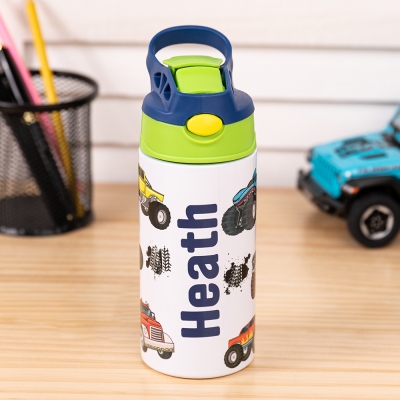 Personalisierte süße Cartoon-Strohwasserflasche, personalisierter Name, 12oz Edelstahl-Kinderbecher mit Henkel, Schulanfangs-/Weihnachtsgeschenk für Jungen/Mädchen