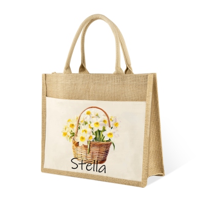 Sac fourre-tout personnalisé avec nom et fleur de naissance, sac en jute de grande capacité avec poignée, cadeau d'anniversaire/Noël/fête des mères pour femme/maman/grand-mère/elle