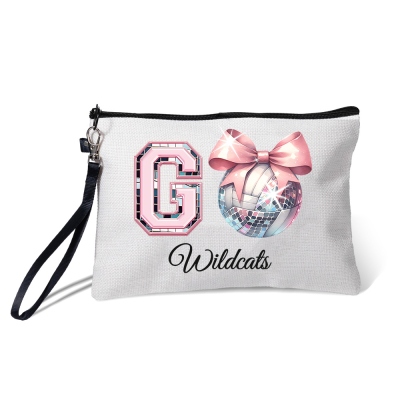 Custom Name Bow Disco Ball Theme Makeup Bag, Linen Cosmetic Bag with Zipper & Wrist Strap, Birthday/Christmas Gift for Athlete/Teammate/Sports Lovers