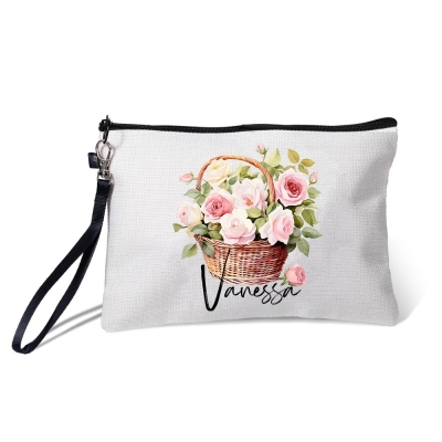 Trousse de toilette personnalisée avec nom et fleur de naissance, trousse de toilette en lin de grande capacité avec dragonne, cadeau de fête des mères/d'anniversaire pour maman/meilleure amie/elle