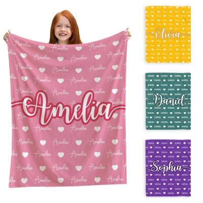 Personalized Name Blanket with Heart, Flannel/Sherpa Blanket, Soft Throw for Bed Couch, Children's Day/Birthday/Christmas Gift for Girls/Boys/Kids