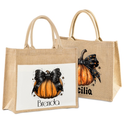 Personligt namn Halloween Pumpkin Tote Bag med rosett, Jute Bag med stor kapacitet med handtag, Halloween Party Favor, Halloween Present för kvinnor/flickor