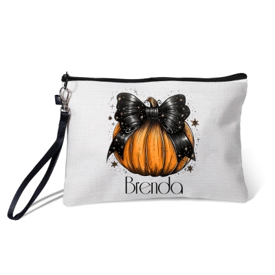 Personalisierter Name Halloween Kürbis Kosmetiktasche mit Schleife, Leinen Kulturbeutel mit Handgelenksband, Reiseaccessoires, Halloween Geschenk für Frauen/Mädchen