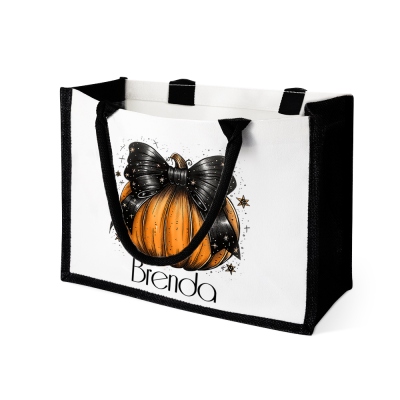 Personalized Name Halloween Pumpkin Bow Design Tote Bag, Canvas Large Capacity Trick or Treat Handbag, Travel Accessory, Halloween Gift for Women/Her