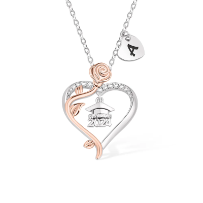 Personalized Rose Heart Graduation Necklace with Engraved Initial Charm, Class of 2024 Bachelor Cap Jewelry, Graduation Gift for Girls/Daughter/Sister