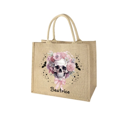 Personligt namn Floral Skull Halloween Tote Bag, Stor kapacitet Trick or Treat Jute Bag, Resetillbehör, Halloween present till mamma/syster/henne