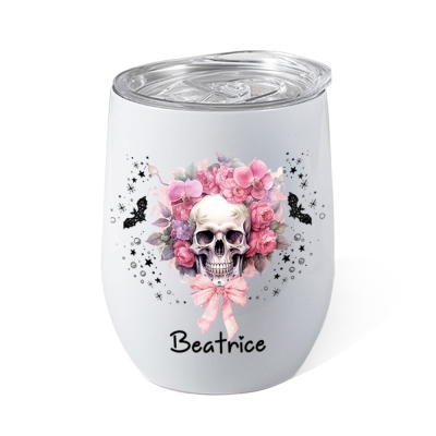 Personligt namn Blommor skalle Design Halloween Cup, 12 oz dubbelvägg rostfritt stål tumlare med spillsäkert lock, Halloween present för kvinnor/flickor