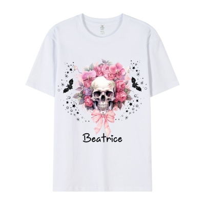 Personalized Name Floral Skull Design T-Shirt, Cotton Multicolor Halloween T-Shirt, Family Party Favor, Halloween Gift for Wife/Sister/Mom/Grandma