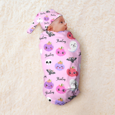 Personalisierte Namensdecke mit Geistern und Kürbissen in Rosa und Weiß, weiches Baby-Wickelset, Babyparty/Geburtstags-/Halloween-Geschenk für Babys/Neugeborene