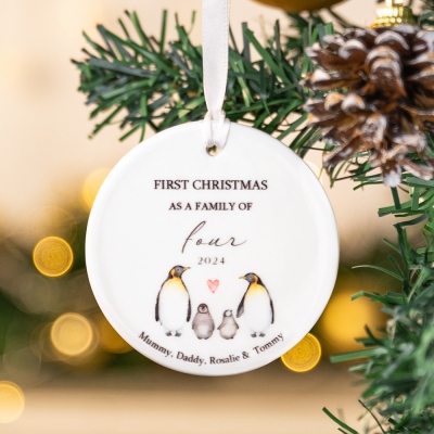 Personalized First Christmas Ornament, Penguin Family Decor, 1st Family Christmas Decoration, Ceramic Artwork, Christmas Bauble, New Parents Gift