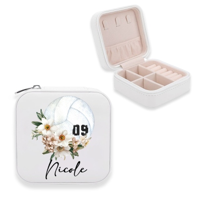 Coffret à bijoux de volleyball personnalisé avec nom et fleur de naissance et numéros, boîte de rangement de bijoux en cuir PU, cadeau de Noël/anniversaire pour joueur de volleyball/maman