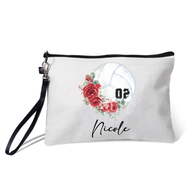 Custom Name & Birth Flower Volleyball Cosmetic Bag with Numbers, Linen Toiletry Bag with Wrist Strap, Christmas Gift for Volleyball Players/Mom/Coach