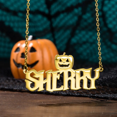 Custom Bat Witch Pumpkin Ghost Name Necklace, Gothic Name Plate Necklace, Halloween Jewelry, Halloween/Birthday Gift for Girls/Women