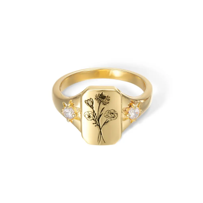 Bague de famille en argent sterling gravée personnalisée avec bouquet de fleurs de naissance et zircon, cadeau d'anniversaire/fête des mères/Saint-Valentin pour femme