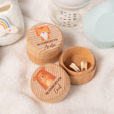 Zahndose mit personalisierter Gravur und Cartoon-Tiermotiv, Aufbewahrungsbox aus Holz für verlorene Zähne, Milchzahndose, Babyparty-/Geburtsgeschenk für Kinder/Jungen/Mädchen