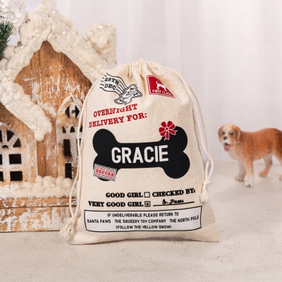 Sac de Noël personnalisé avec nom pour chien, sac cadeau de Noël en coton avec patte amusante et cordon de serrage, cadeau de Noël pour garçons/filles/enfants