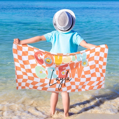 Personalized Name Cousin Crew Colorful Plaid Beach Towel, Perfect for Family Outings