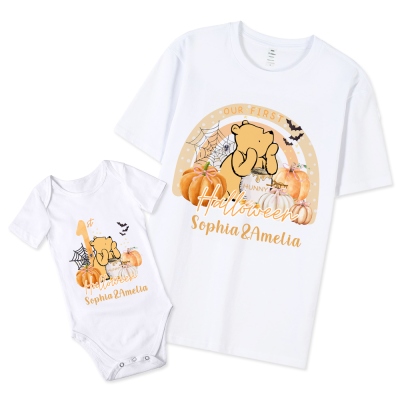 Custom Name Our First Halloween Parent-Child Clothing Matching Shirts, Bear Pumpkin Cotton Mommy T-Shirt & Baby Onesie Set, Gift for Baby/New Mom