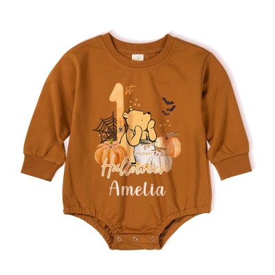 Combinaison bébé Halloween personnalisée avec nom, 100 % coton, motif ours citrouille, unisexe, manches longues, tenue d'Halloween, cadeau d'Halloween pour nouveau-nés/nourrissons