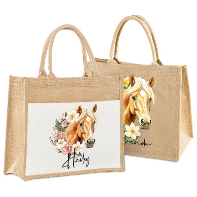 Sac à main en toile de jute avec nom personnalisé et fleur de naissance et tache de naissance, sac fourre-tout en jute et coton de grande capacité, cadeau d'anniversaire/de Noël pour femmes/amoureuses des chevaux