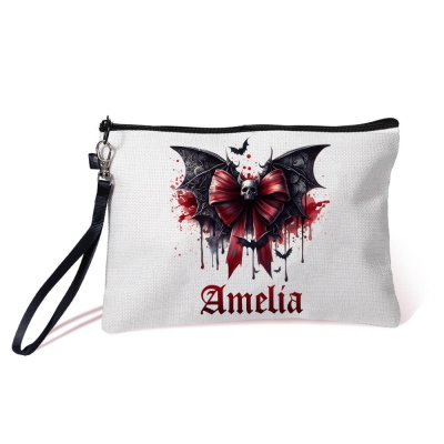 Personalisierter Name Gothic Totenkopf Fledermaus & Blutige Schleife Schminktasche, Leinen Kosmetiktasche mit Handgelenksband, Reiseaccessoire, Halloween Geschenk für Sie/Frauen/Mädchen