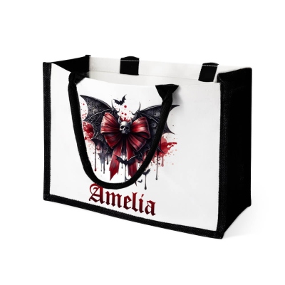 Personalized Name Gothic Skull Bat & Bloody Bow Tote Bag, Large Capacity Reusable Canvas Handbag, Travel Accessory, Halloween Gift for Women/Her