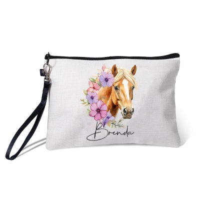 Custom Name Birth Flower & Horse Toiletry Bag with Birthmark, Linen Makeup Bag with Wrist Strap, Travel Accessory, Birthday Gift for Women/Horse Lover