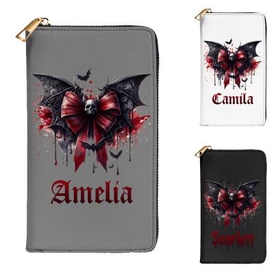 Personlig Bloody Bat Bow plånbok med namn, Gothic Skull Bow Clutch-väska, Halloween-tillbehör, Halloween-present till kvinna/flicka/henne