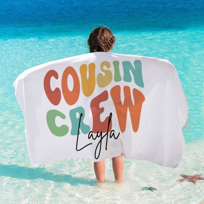 Personalized Multicolor Cousin Crew Quick Dry Beach Towel with Name, Camping/Vacation/Summer Holiday Gift for Cousin/Family