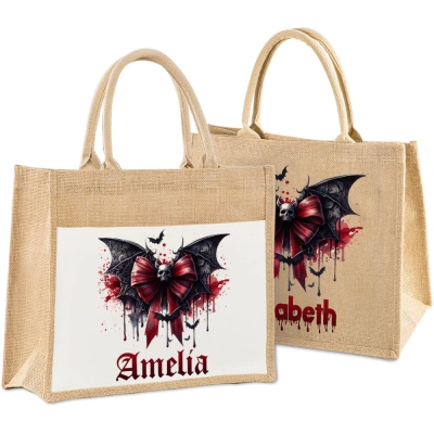 Custom Name Gothic Skull Bat & Bloody Bow Burlap Tote Bag, Large Capacity Jute Bag with Handle, Halloween Party Favor, Halloween Gift for Women/Girls