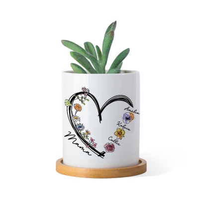 Aangepaste 1-6 namen & geboorte bloemen pot met hart, keramische plantenpot met drainage & bamboe schaal, verjaardag/housewarming cadeau voor moeder/oma/plantenliefhebber