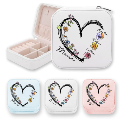 Coffret à bijoux personnalisé avec 1 à 6 noms et fleurs de naissance avec cœur, boîte de rangement pour bijoux en cuir PU, cadeau d'anniversaire/de Noël pour maman/grand-mère/femme