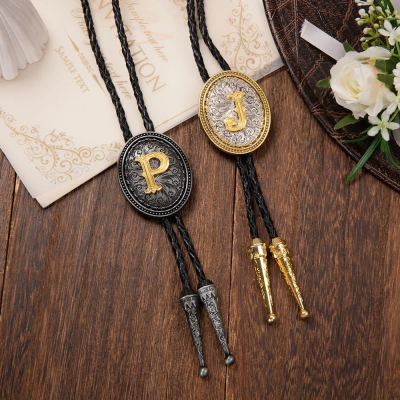 Custom Vintage Initial Western Bolo Tie, Letter Charm Leather Cord Woven Cowboy Necktie, Retro Men's Jewelry, Wedding Gift for Him/Groom/Best Man