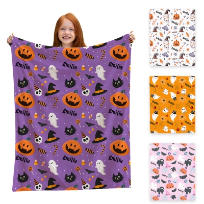 Personalized Name Spooky Halloween Blanket, Ghost Pumpkin Pattern Children's Blanket, Soft Cozy Throw for Bed Couch, Halloween Gift for Kids/Teens