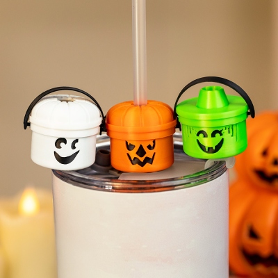 Aangepaste initialen 3D-geprinte Halloween Tumbler Straw Toppers Set van 3, Ghost Pumpkin Witch Halloween Boo-emmers, Halloween-cadeau voor kinderen/familie/vrienden