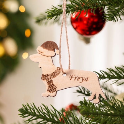 Custom Name Dog Silhouette Ornament with Santa Hat & Scarf, Wooden Dog Breed Festive Tree Hanging Decoration, Christmas Gift for Dog Lovers/Owners