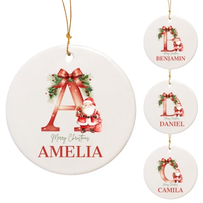 Personalized Initial & Name Christmas Tree Ornament with Santa, Ceramic Hanging Ornament, Festive Holiday Decor, Christmas Gift for Family/Friends