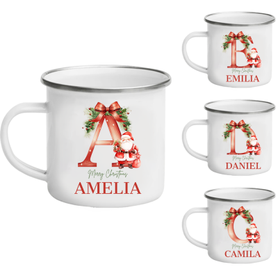 Custom Name Christmas Initial Enamel Mug with Santa, 11oz Shatterproof Cup with Handle, Christmas Party Favors, Christmas Gift for Kids/Boys/Girls